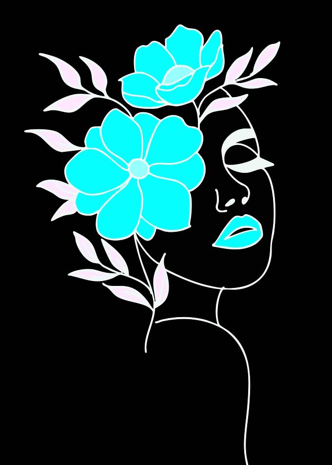 Minimalist Woman Portrait with Cyan Flowers