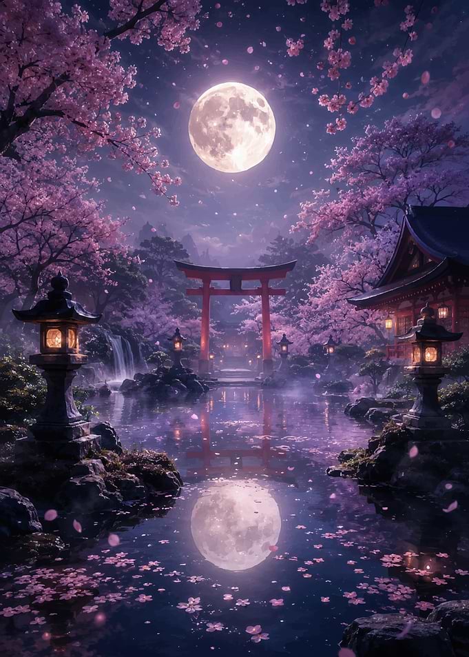 Moonlit Japanese Garden with Torii Gate