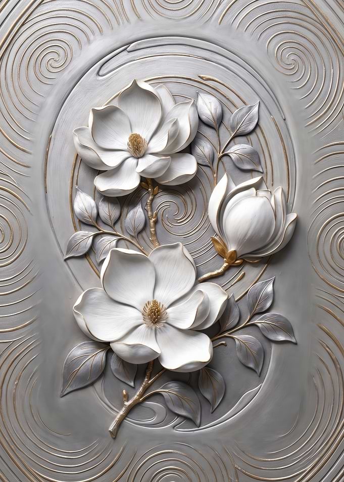 Elegant 3D White Magnolia Relief Art