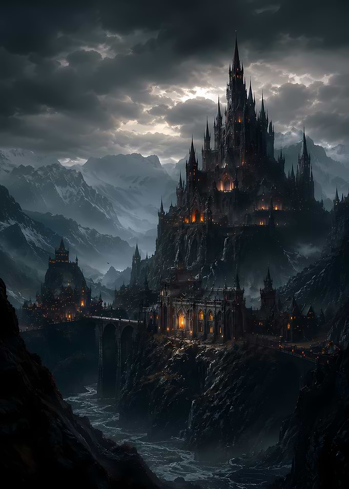 Dark Gothic Castle in Mountain Landscape