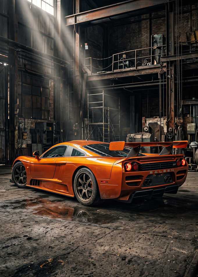 Orange Saleen S7 in Industrial Warehouse