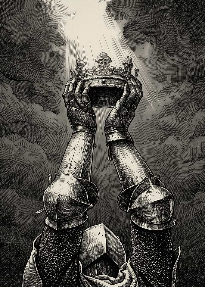 Knight Holding Crown Under Divine Light