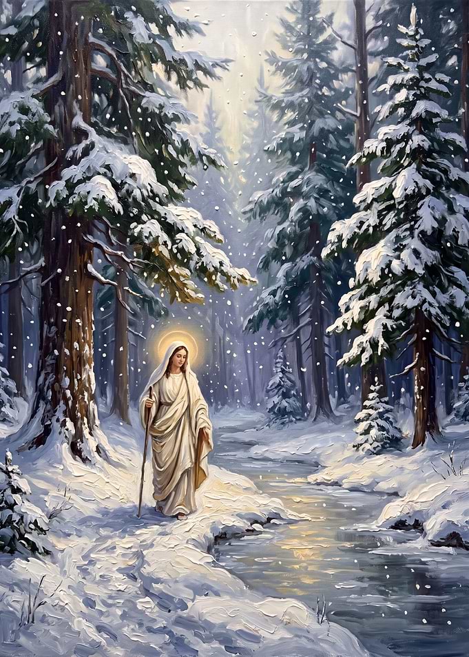 Virgin Mary Walking in Snowy Forest