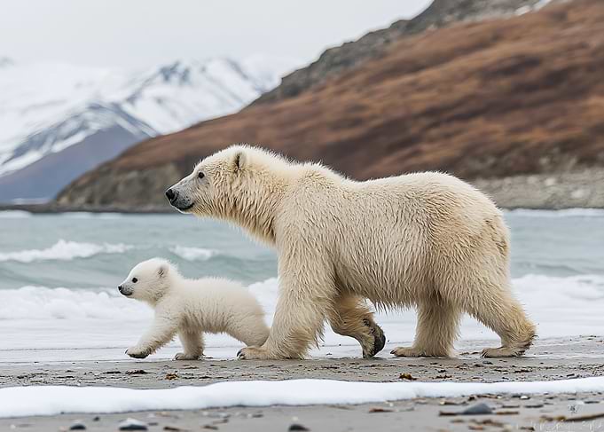 Polar Bear Mother and Cub Walking