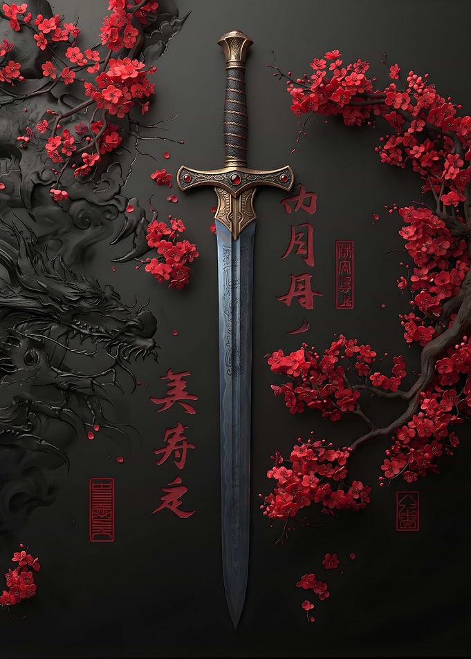 Ornate Sword with Red Cherry Blossoms