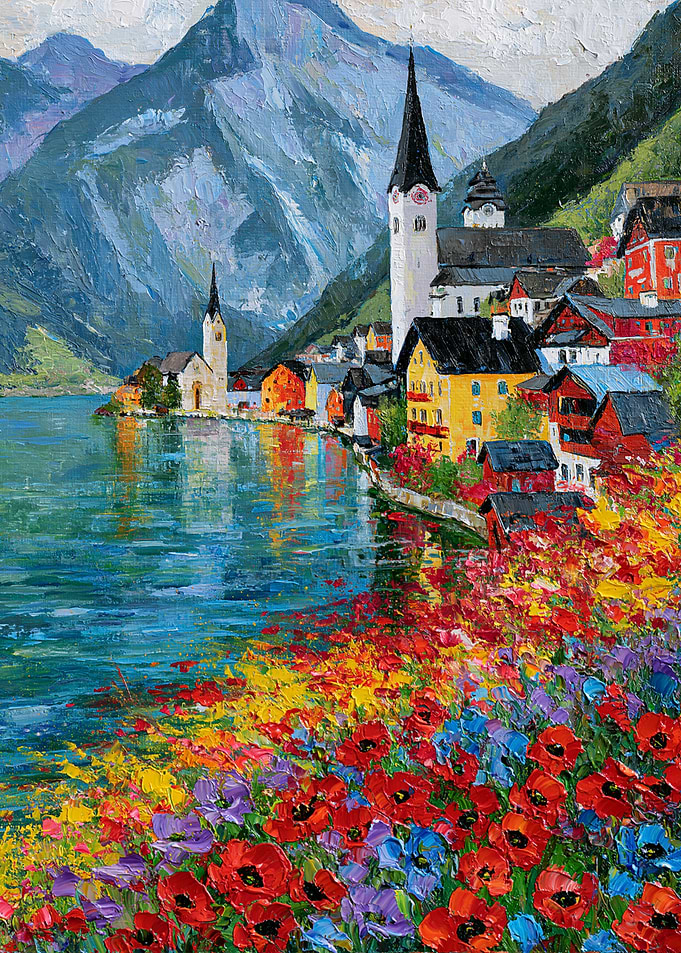 Alpine Lakeside Village with Wildflower Shore
