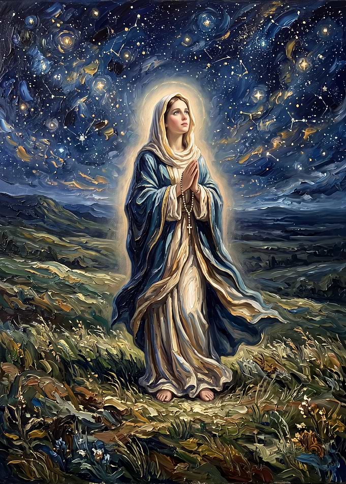 Virgin Mary Under Starry Night Sky
