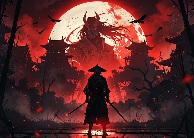 Samurai Facing a Demon Under Red Moon