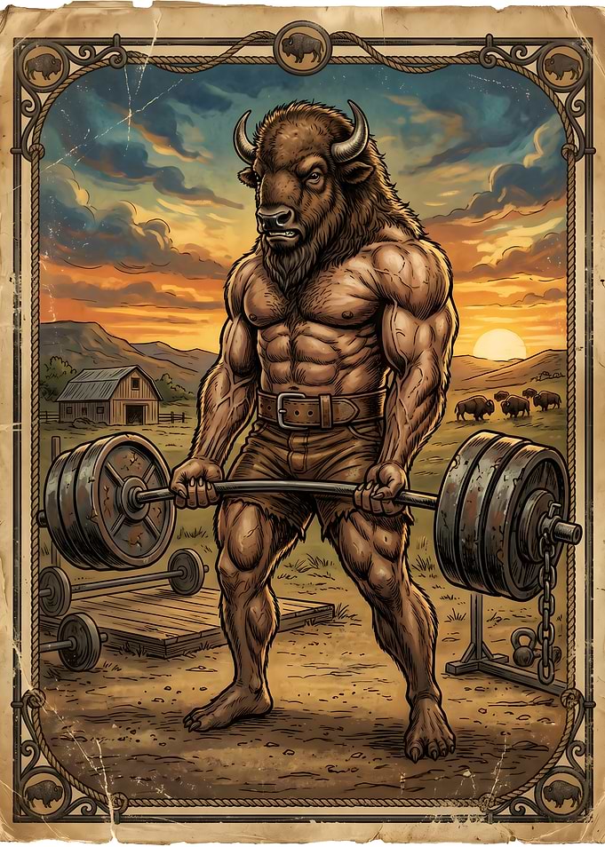 Muscular Bison Weightlifter Vintage Poster