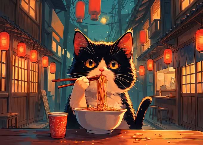 Cute Cat Eating Ramen in Japan