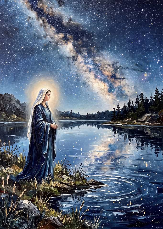 Virgin Mary by a Starry Lake