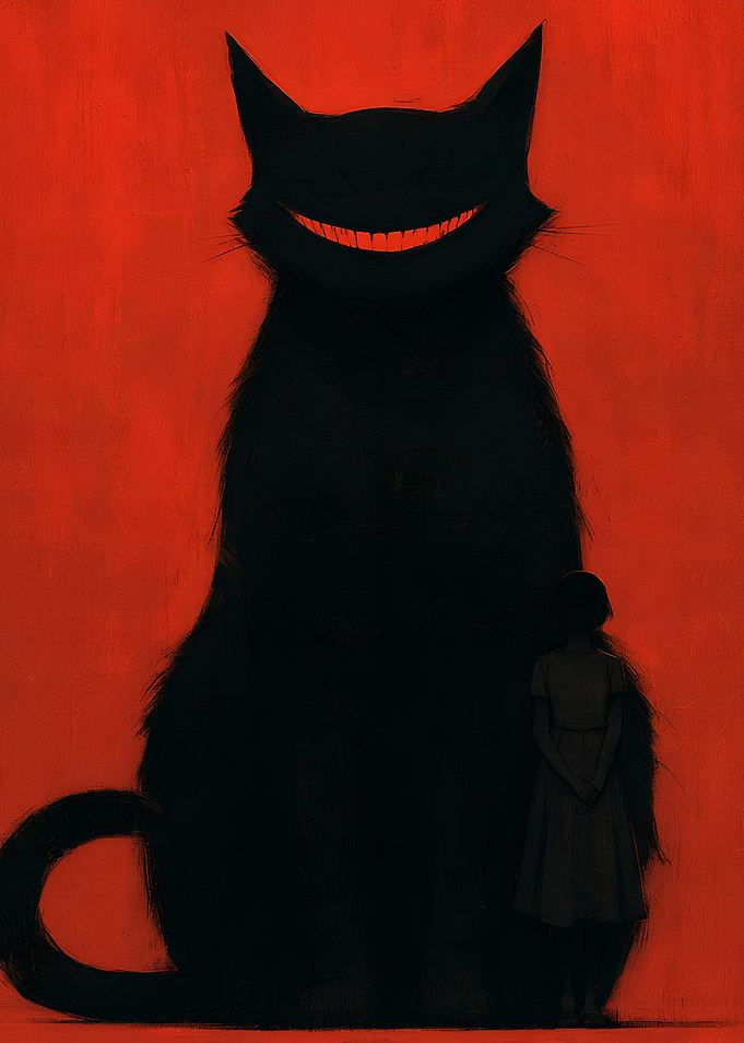 Giant Grinning Black Cat and Girl