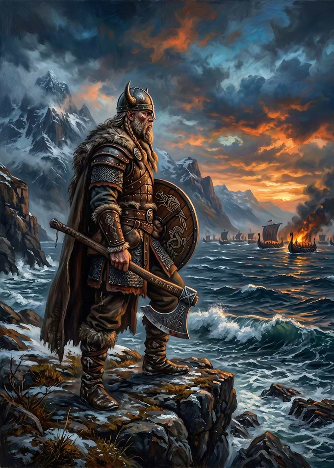 Viking Warrior Standing on Rocky Shore