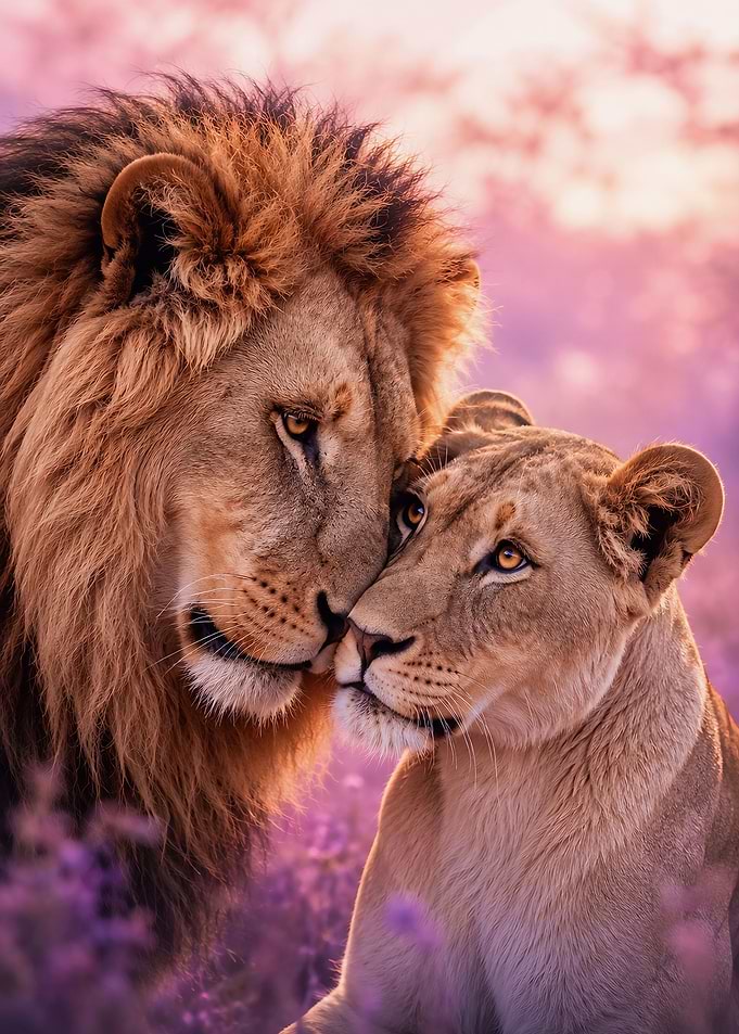 Affectionate Lion and Lioness Portrait
