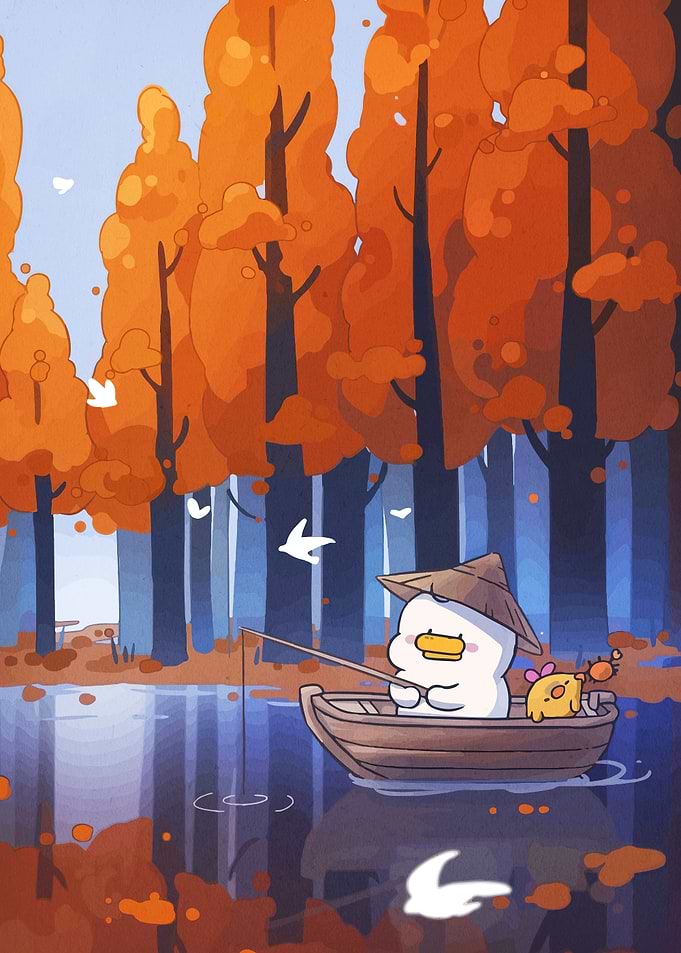 Cute Duck Fishing in Autumn Forest