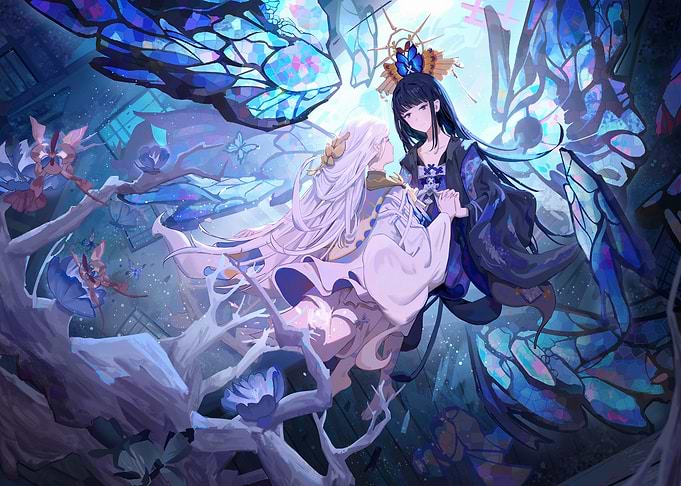 Two Anime Girls Amidst Blue Butterflies