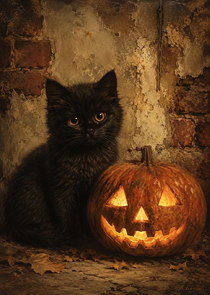 Black Kitten and Glowing Jack-o'-lantern