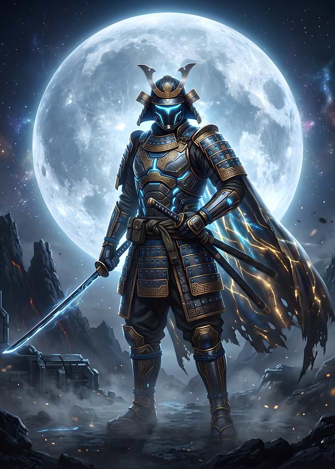 Cybernetic Samurai Under Full Moon