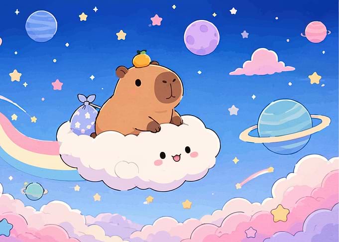 Cute Capybara Floating on Space Cloud