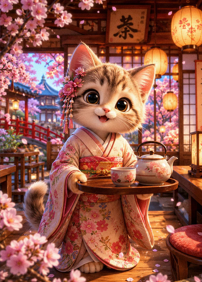 Cute Kitten in Kimono Serving Tea