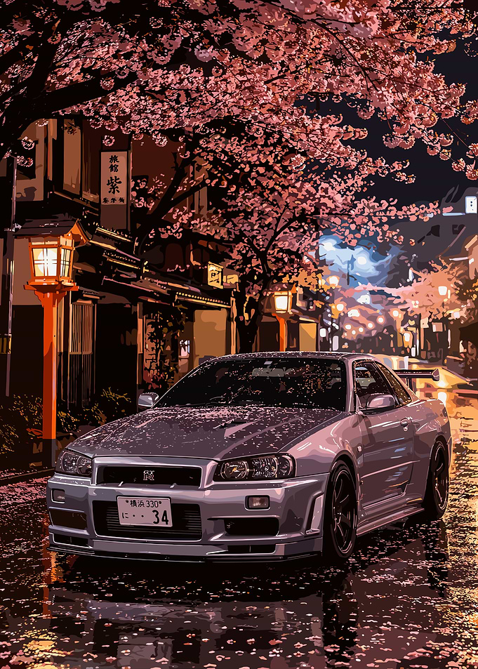 Nissan Skyline GT-R R34 Under Cherry Blossoms