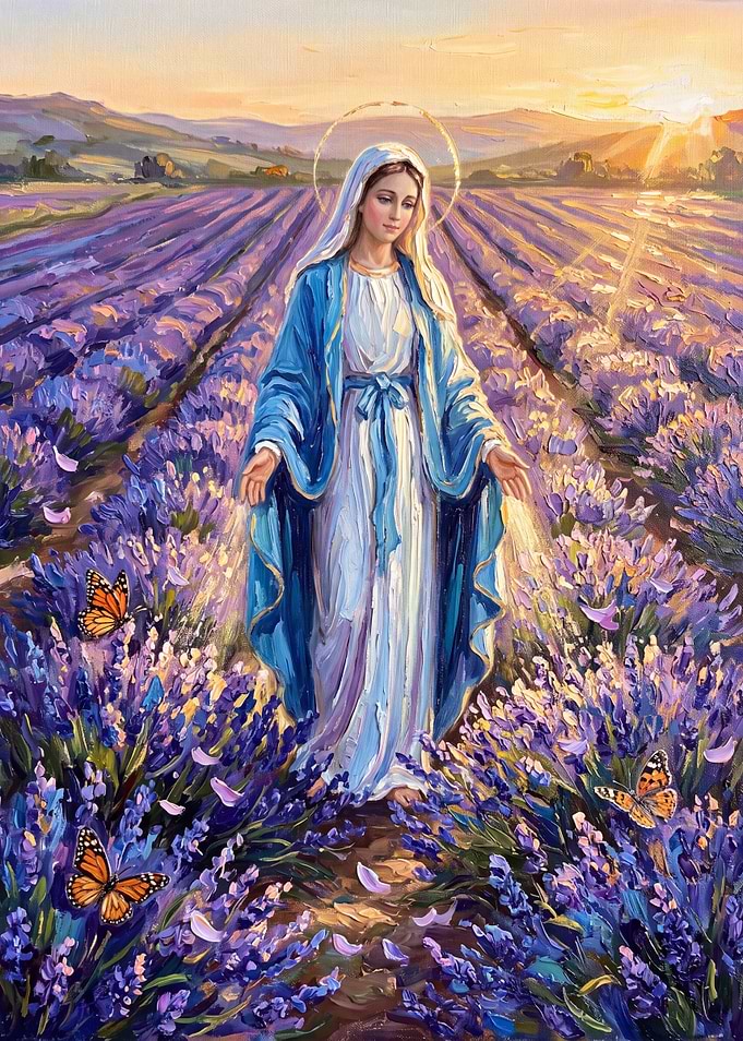 Virgin Mary in Lavender Field Painting