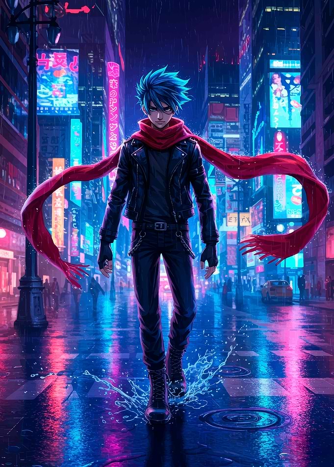 Anime Boy in Cyberpunk City