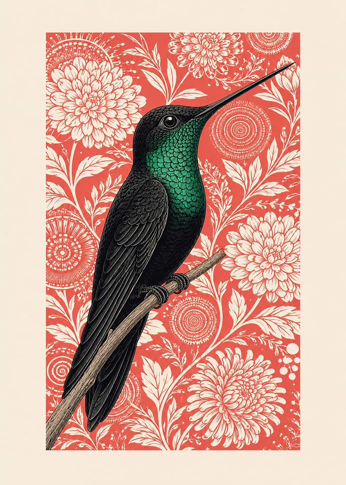 Hummingbird on Floral Red Background