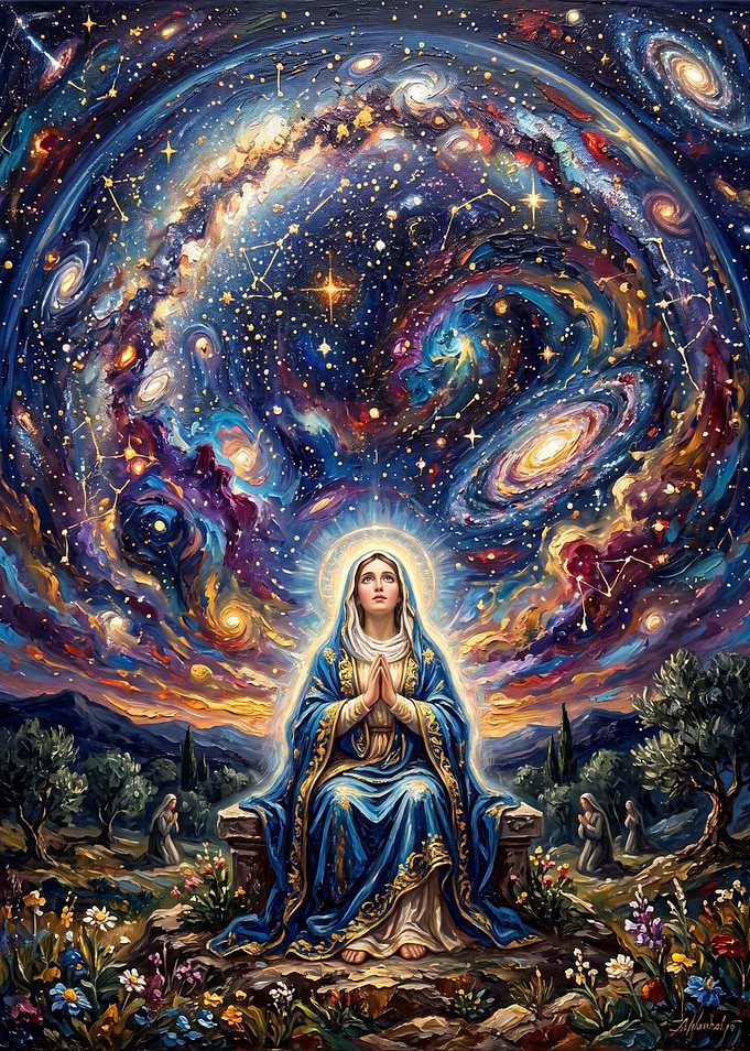 Virgin Mary Beneath Cosmic Galaxy