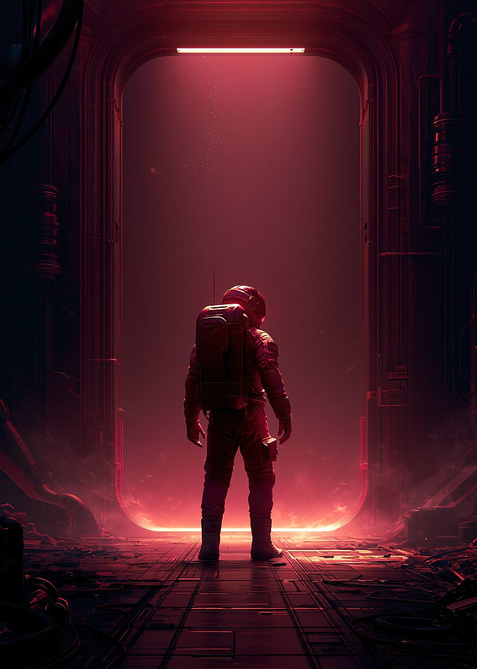 Astronaut Standing Before Glowing Portal