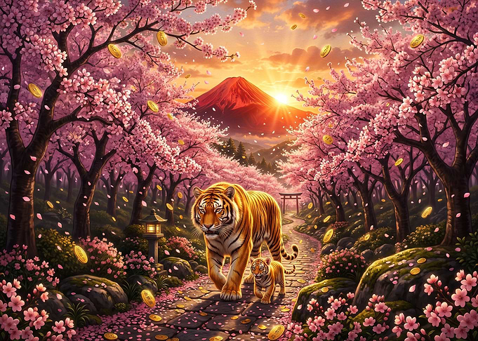Tiger and Cub in Cherry Blossom