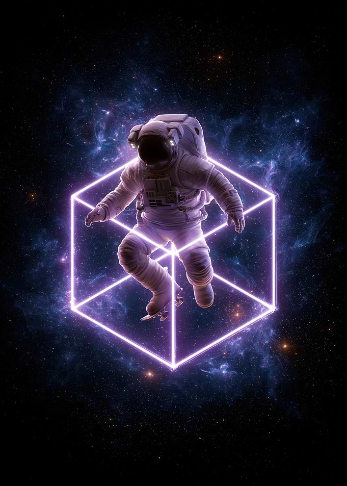 Astronaut Skateboarding Inside Neon Cube