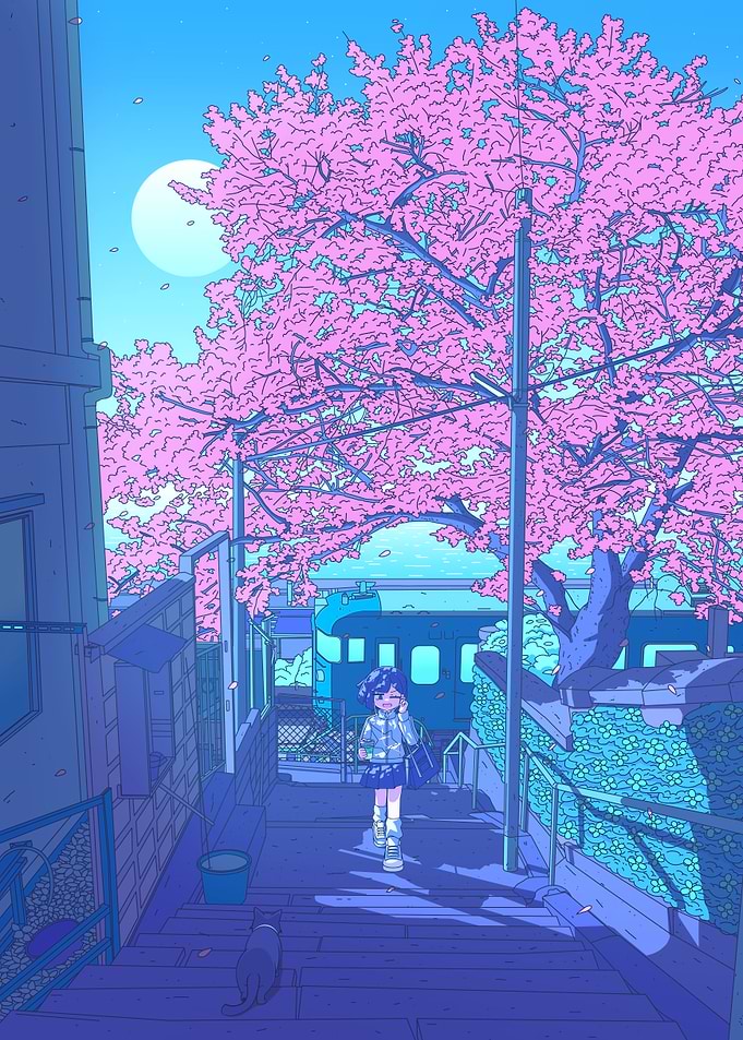 Anime Girl Walking Down Cherry Blossom Stairs