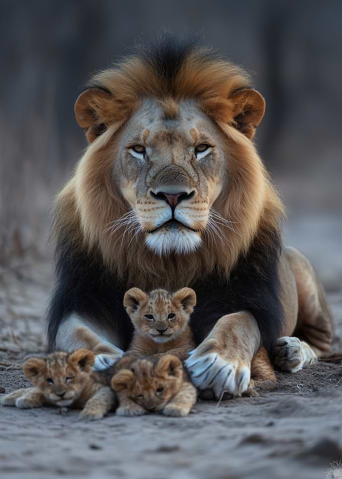 Majestic Lion with Three Cubs