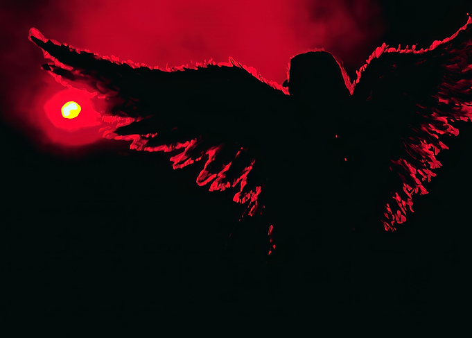 Dark Angel Silhouette Against Red Sky