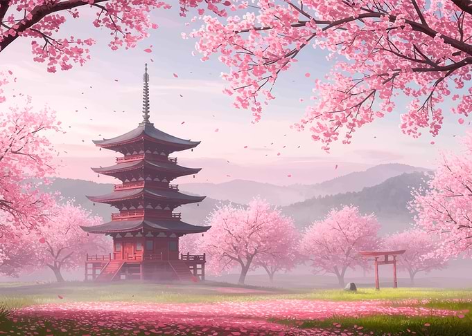 Traditional Japanese Pagoda in Cherry Blossoms