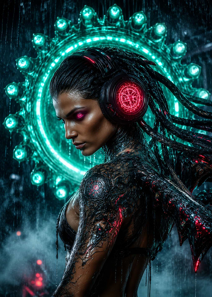 Cybernetic Woman with Glowing Halo