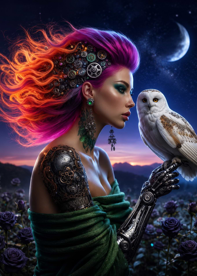 Steampunk Woman with Owl and Roses