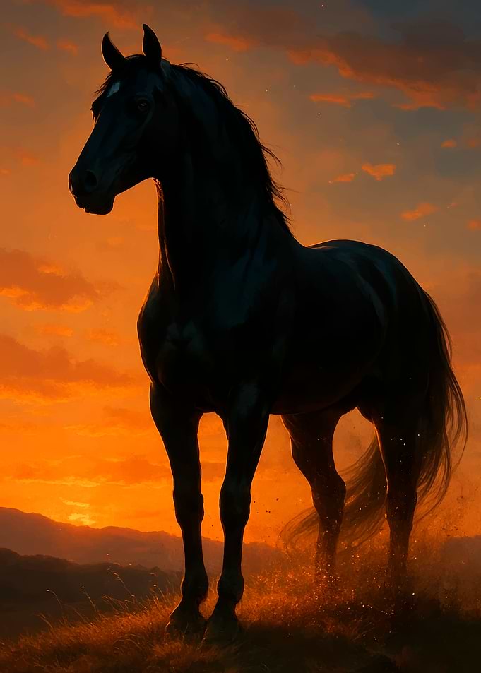 Majestic Black Horse at Sunset