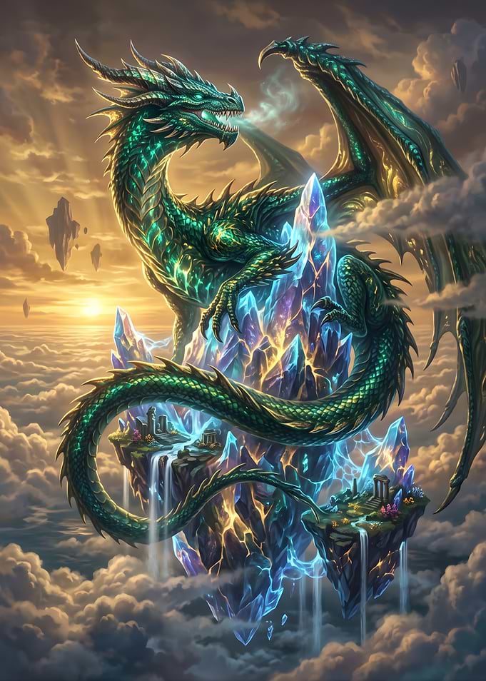 Majestic Green Dragon on Floating Crystal