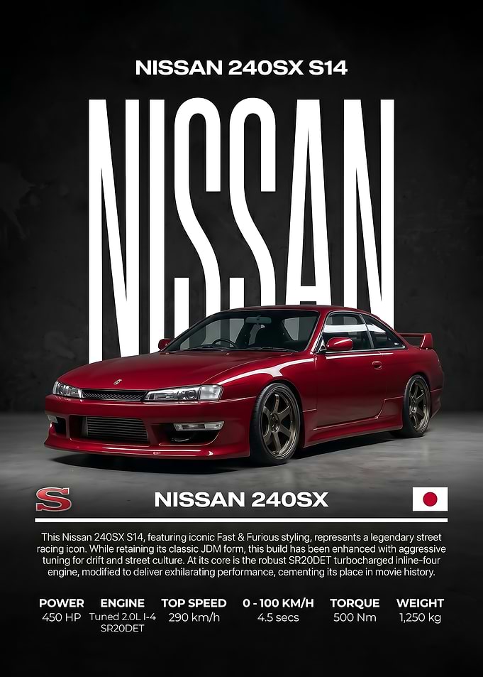 red sleek 240SX S14 JDM car Poster