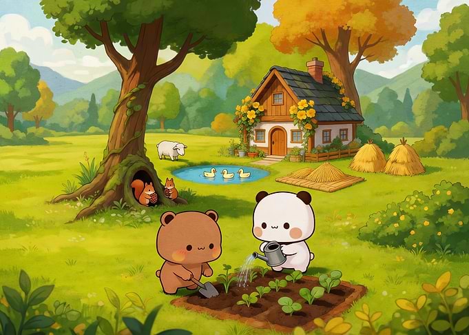 Cute Bear and Panda Gardening