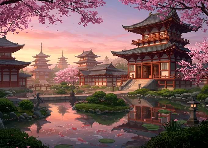 Traditional Japanese Temple Garden at Sunset