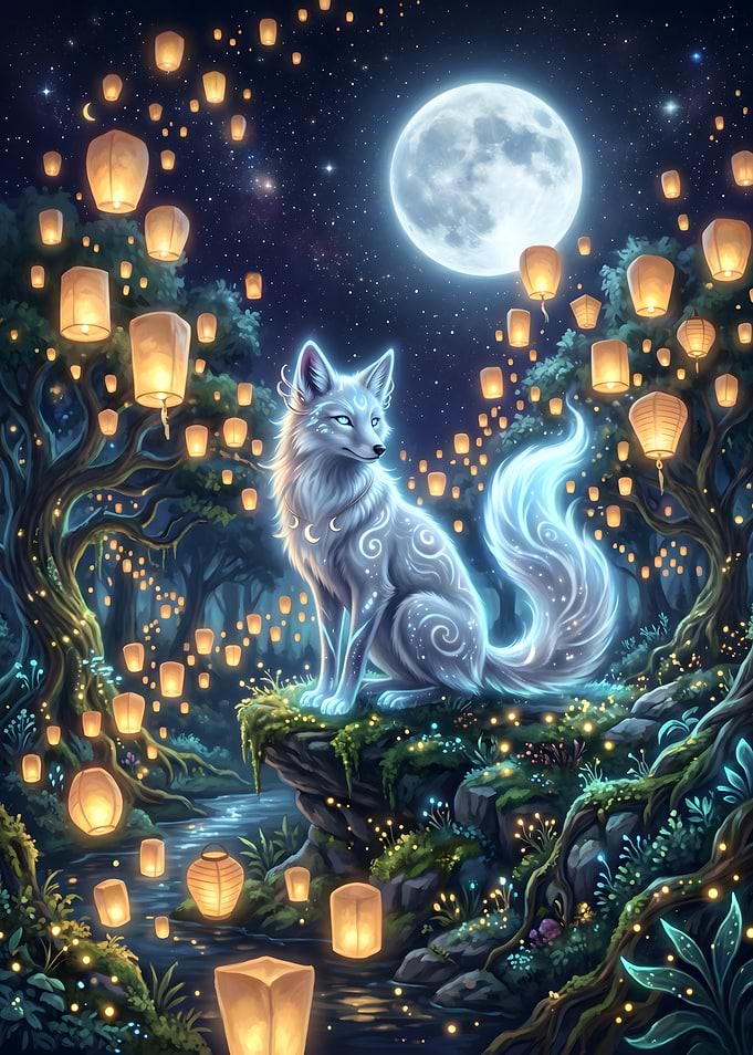 Mystical Fox Under Floating Lanterns