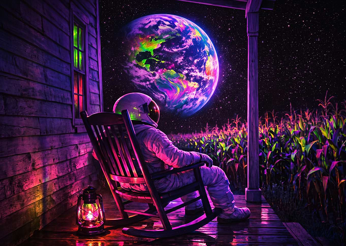 Astronaut Relaxing on Porch at Night