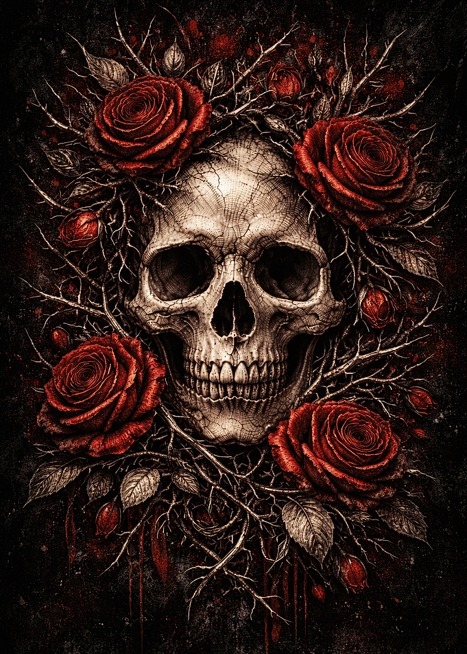Gothic Skull Surrounded by Red Roses