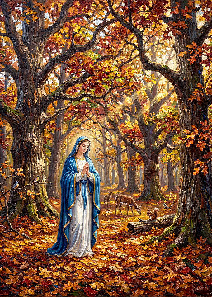 Virgin Mary in Autumn Forest