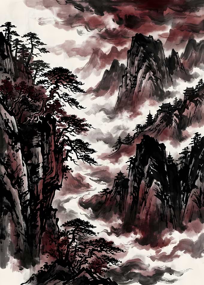 Traditional Ink Wash Mountain Landscape