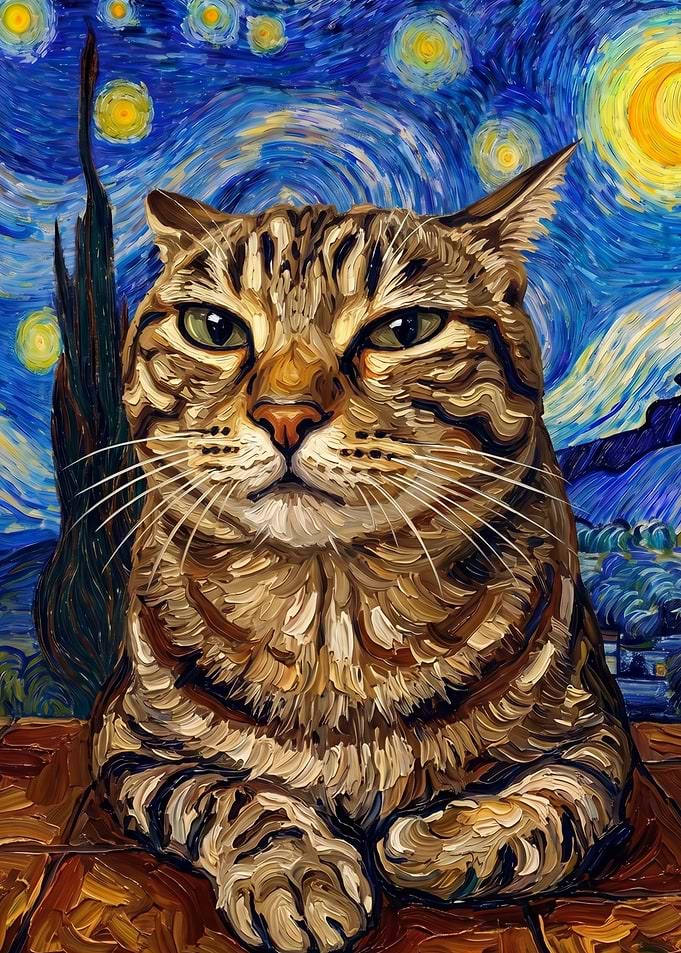 Tabby Cat in Starry Night Style