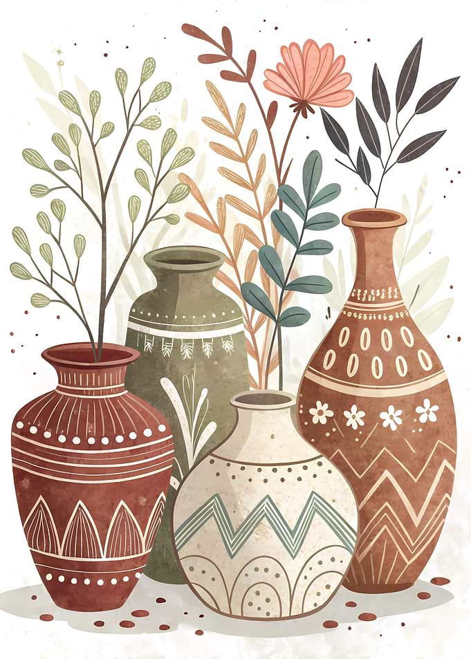 Boho Ceramic Vases with Botanical Sprigs